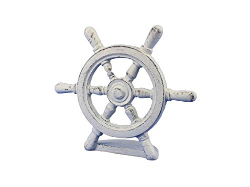 Hampton Nautical Cast Iron Ship Wheel Door Stopper, 9", Whitewashed