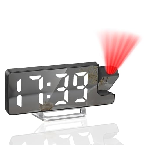 Tisaika Projection Mirror Alarm Clock for Bedroom LED Digital Clocks Bedside with Clear Digit 180° Rotatable Projector Snooze Date Temperature 12/24H 3-Level Brightness Night Mode for Home Office