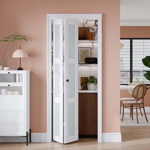 EaseLife Preassembled Bi-Fold Doors, for 28"x 80" Opening,Tempered Frosted Glass Closet Folding Barn Door with Concealed Hardware Kit,MDF Wood Panel,Water-Proof PVC Surface,Easy Installation by EaseLife - Used condition - US$184.73