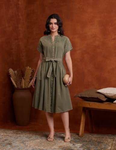 Image of Amazon Brand - Myx Women's Embroidered Shirt Dress | Cotton Blend | Below The Knee (Available in Plus Sizes)