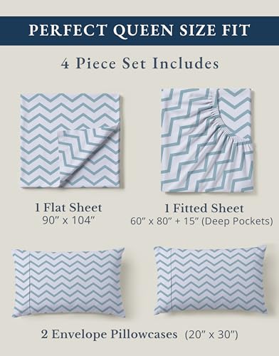 Image of LANE LINEN 100% Organic Cotton Sheets Queen, 15 inch Deep Pocket Queen Sheets Fits Upto 15 inch Mattress, Soft & Comfy Fade Resistant Printed Sheet Set - Cool Blue Chevron