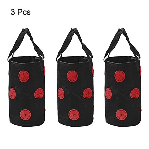 Meccanixity Strawberry Grow Bag, 3 Gallon With 12 Planting Holes, Hanging Felt Fabric Round Plant Container, Black Red Pack Of 3 #TOP2
