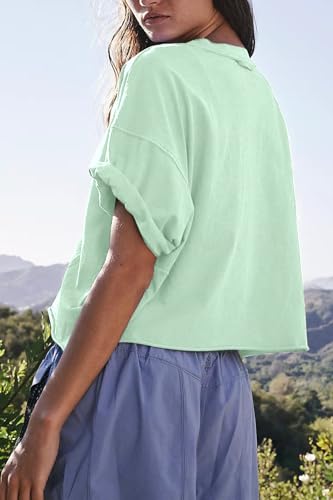 Image of HUGOOME Womens Oversized Workout Crop Top Casual Short Sleeve Boxy Roll Hem | Basic Half Split Sleeve Drop Shoulder Loose Yoga Running Gym Tee Cropped T-shirt Solid Trendy Relaxed Daily Tee