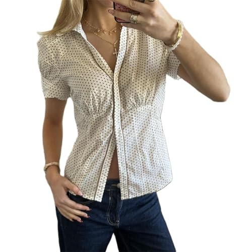 Image of Y2k Girls Vintage Coquette Button Down Shirt Women Short Sleeve V-Neck Slim Fitted T-Shirt Cute Blouse Crop Top (White #G, M)
