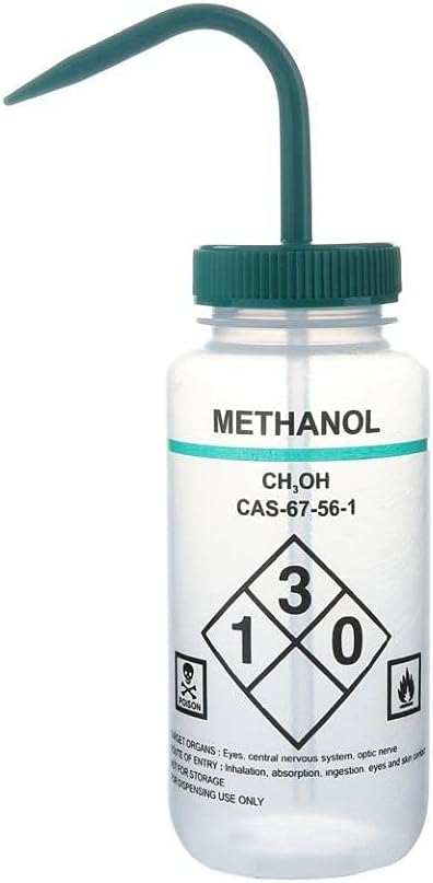 Heathrow Scientific HS120254 Wash Bottles, Safety Labelled, Self Venting, Wide Mouth, Methanol, 500 ml (Pack of 6)