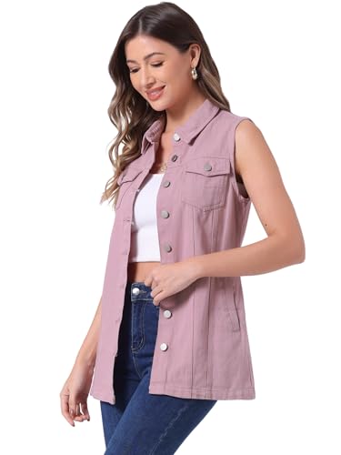 Chaleco vaquero para mujer Allegra K, prenda denim larga sin mangas con botones en color rosa