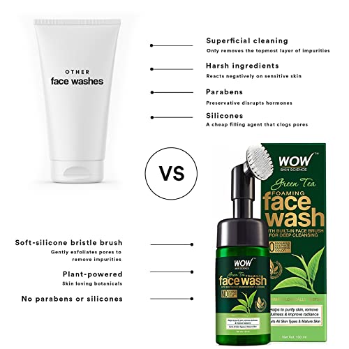 Wow Skin Science Green Tea Foaming Face Wash W/Soft Brush- Refreshing, Clarifying Facial Cleanser With Antioxidant Green Tea & Aloe Vera Extract - All Skin Types (100 Ml) #TOP4