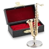 EASTROCK Miniature Saxophone Model, 2.6inches Mini Tenor Saxophone Model with Stand and Case,Mini Musical Instrument Ornament Dollhouse Home Decoration