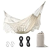 HAOLAIWU Hammock Boho Large Brazilian Macrame Fringe 2 Person Double Deluxe Hammock Swing ,Perfect for Camping Outdoor/Indoor Patio Travel Bedroom Backyard(White)