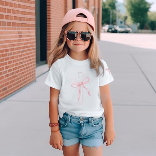 Image of Girls Cute Christian Shirts Kids Pink Bow Shirt Jesus God Faith Tshirts Aesthetic Cross Bible Verse Graphic Tee Tops
