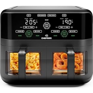 CHEFMAN 5.6 Litre Dual Basket Air Fryer Oven with Easy View Windows, Sync Finish, Hi-Fry, Auto Shutoff, Nonstick Dishwasher Safe Frying Baskets, 2100W, Digital Double Air Fryer – Black