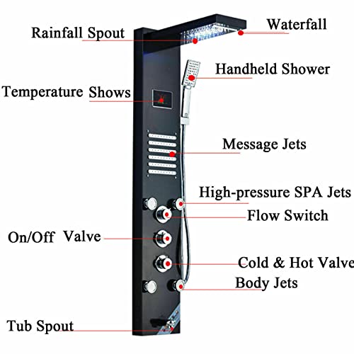 Sistema de Torre de Ducha Negro con Panel, LED, Cascada, Cabezal de Lluvia y Boquillas de Masaje miniatura 7