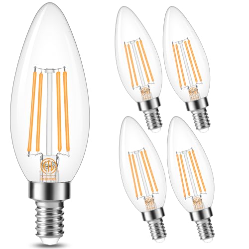 Cotanic Dimmable Candelabra LED Bulb 2700K Warm White,Type B Light Bulb with Candle Shape,E12 Base Ceiling Fan Light Bulb 60W Equivalent, B11 Filament Chandelier Light Bulb Clear Glass,600LM,5 Pack