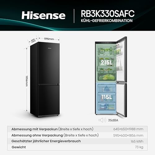 Hisense RB3K330SAFC Kühl-Gefrierkombination/Freistehend/ 330L/ 35dB/ EEK: C/Perfekt KitchenFit/Boden-Kühlsystem/Deep Freeze/Metal-Tech Cooling / 0℃ Fresh Box / (BxHxT): 59,5× 185,6× 60cm/ Schwarz