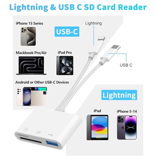 Aplimln SD Card Reader for iPhone iPad Mac, Lightning & USB-C Dual Connectors Memory Card Reader with SD/Micro SD/USB-A 3 Slots, Digital Camera Adapter to iPhone, Plug & Play - Thumbnail 3