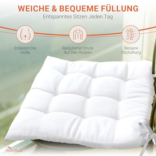 NatureMark 4er Set Stuhlkissen mit Bändern 40x40 cm – Gefüllte Sitzkissen, Outdoor & Indoor – Natur/Crème – Ansicht 5