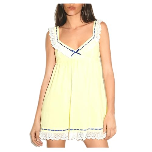 Image of Women Y2K Babydoll Mini Dress Cute Bow Lace Trim Pleated Ruffle Short Sundress Casual Party Vacation One Pieces