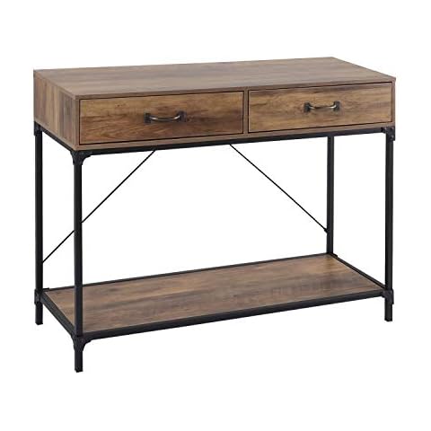 Console Table with 2 Drawer and Storage Shelf, Black Iron Metal Frame Dark Wood Furniture for Living Room and Hallway, Rustic Brown Cover