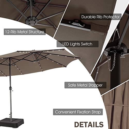 Giantex 15Ft Large Outdoor Umbrella Double-Sided, 48 Solar Lights, Auto-Charging Solar Panel, Extra Large Patio Umbrella With Base And Crank, Outdoor Market Umbrellas For Poolside Garden (Tan) #TOP6