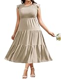 HEEKPEK Sommerkleid Damen Große Größen Kleider Sommer Freizeitkleid Lang Casual Rundhals Flatterärmel Maxikleider Oversize A Linie Kleid Elastische Taille Knielang Strandkleid(Aprikose,4XL)