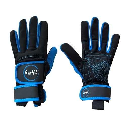 6 @t 41 Water Ski Competition Gloves, Black and Blue, Breathable Mesh, Training Exercise Gloves with Wrist Support, Premium Competition Gloves. (Medium)