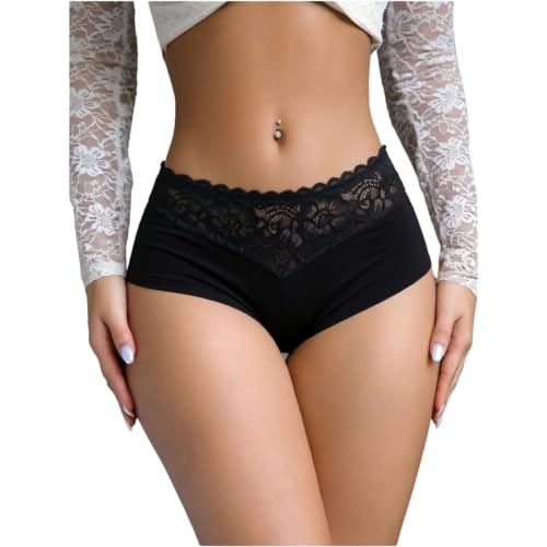 Image of PARUPRUP Women's Brazilian Knickers Cotton Gusset Lace Trim Satin Panties Sexy Ladies Pants Stretchy Boxers Underwear Smooth Bikini Briefs Black M