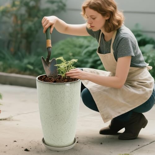 Neoaider Set of 2 Lightweight Ceramic-Look Tall Planter, 21 inch Large Plastic Planter with Drain Hole & Saucers, Large Outdoor Planters for Porch, Garden, Patio, Balcony(Drip Glaze) by Neoaider - Image 8