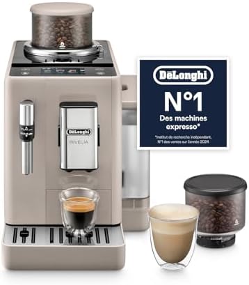 De’Longhi Rivelia - Perfetto Machine à Café Automatique, Mousseur à Lait Classique, 8 Boissons Enregistrées, Écran Tactile Couleur, Réservoir à Grains de Café Interchangeables, Beige (EXAM440.35.BG)