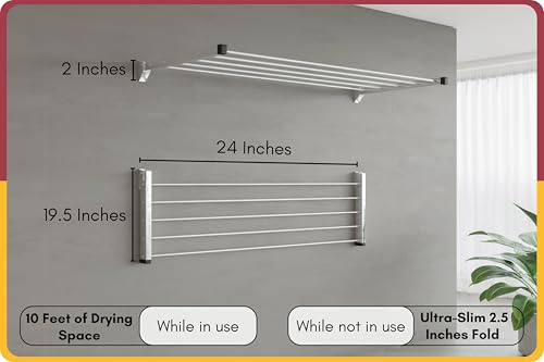 Image of Amiraj Heavy Duty Stainless Steel Wall Mounted Clothes Drying Rack | Foldable & Space Saving Cloth Dryer Stand for Balcony, Laundry & Bathroom | Rust-Free Laundry Rack (2 Feet, 5 Pipe)