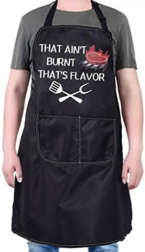 Funny BBQ Apron For Men - "That Ain't Burnt That's Flavor", Adjustable, Black, One Size