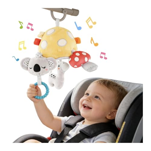 littlove Musical Baby Pull Vibration Toy for Car Seat 6-12 Months, Travel Sensory Toy 3 Months, Montessori Plush Toys for Roadtrip with Crinkle Textures Flutter Squeaky Mirror Newborn Infant Gift