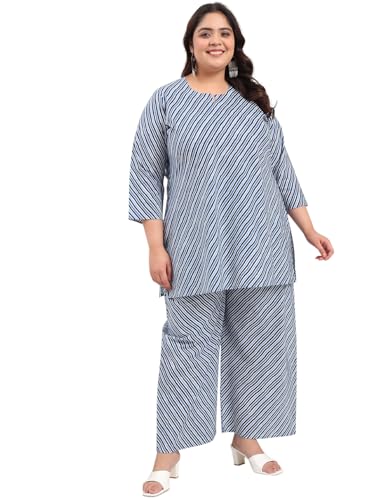 Image of Tissu Women's Plus Size Pure Cotton Red Asymmetrical Top with Trouser Co-ord Set
