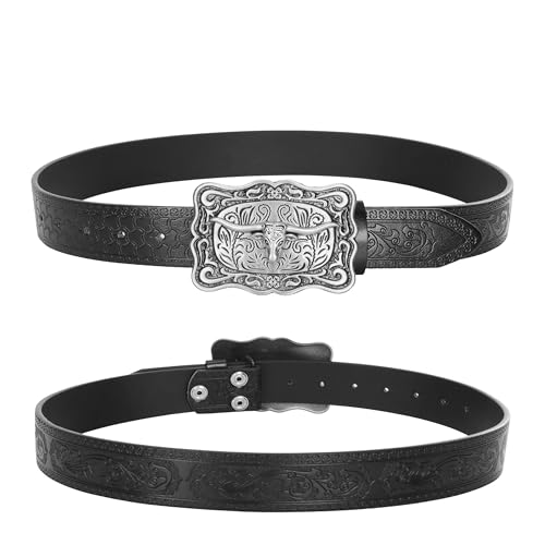 Image of Western-Cowboy-Leather-Belts for Women Turquoise-Oval-Buckle Embossed Belt