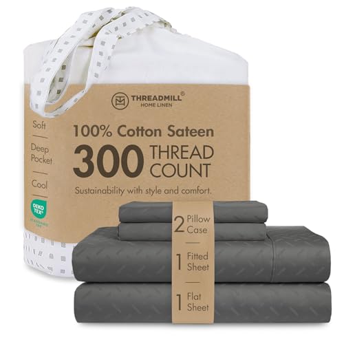 Image of Threadmill 300TC Cotton Queen Sheet Set, Sateen, Jacquard, Dark Grey | 100% Cotton, Sateen Weave, Jacquard Pattern, 4-Piece Set, 16 inch Deep Pocket, Cooling, OEKO-TEX Certified, Machine Washable