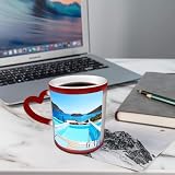 AELKSP Divertida Taza de Café,Taza té café Cambio de Color de la Taza Sensible al, cerámica Taza Mágica, 11oz,Hotel con piscina y vistas a la isla de Creta, Grecia Terraza Mar Turquesa Deco