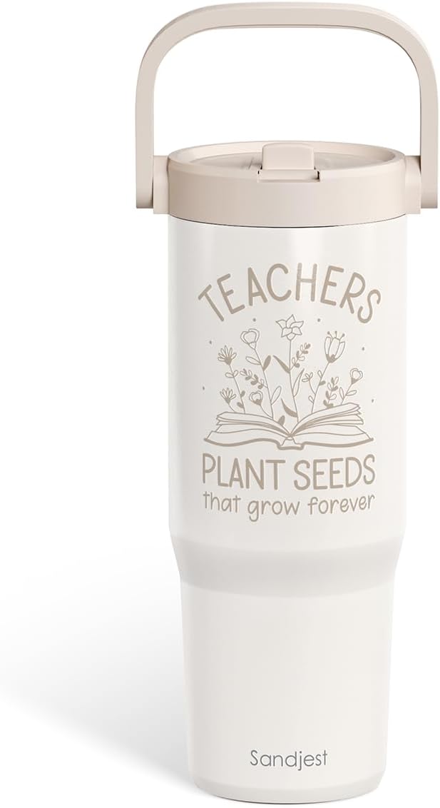 SANDJEST Teacher Stainless Steel Straw Lid Tumbler 30oz with Carry Handle for Women Girls, Insulated Travel Coffee Cup, Gift for Sports Workout Christmas Birthday Teacher's Day