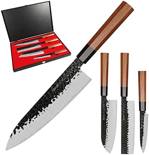 Chef Knife Set, 4pcs Kitchen Knife Set (Japanese Chef Knife, Santoku Knife, Nakiri Knife, Utility Knife), forged from3 Layer 9CR18MOV Clad Steel, w/Octagon Handle & Wooden Gift Box (Knife Set)