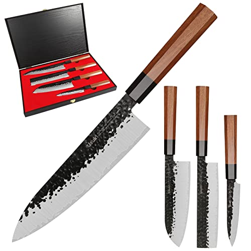 Chef Knife Set, 4Pcs Kitchen Knife Set (Japanese Chef Knife, Santoku Knife, Nakiri Knife, Utility Knife), Forged From3 Layer 9Cr18Mov Clad Steel, W/Octagon Handle & Wooden Gift Box (Knife Set) #TOP11