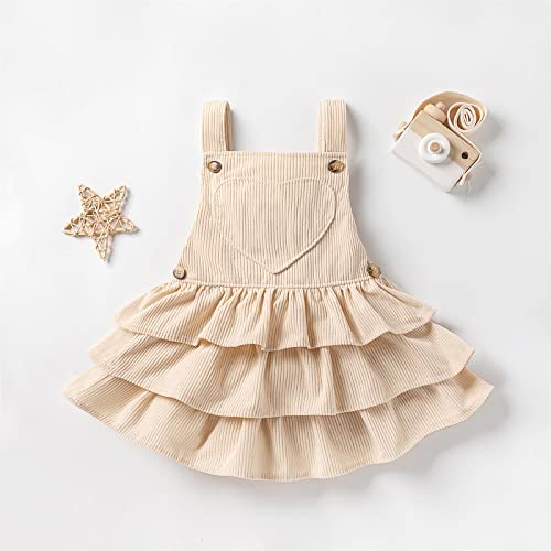 Toddler Baby Girl Dress Suspender Dresses Ruffle Corduroy Sleeveless Princess Skirt With One Pocket Kids Casual Clothes 2-3T Off-White #TOP1