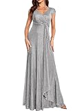 meilun GreyShort Sleeve Sequin Dress for Women Formal Evening Gowns Sparkly V Neck 1920s Long Dress for Wedding Guest,M