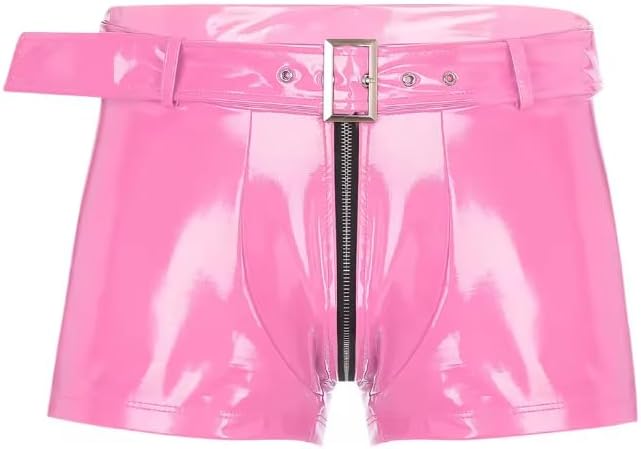 Mens Patent Leather Shorts with Belt Zipper Crotch Boxers Underwear Nightclub Pole Dancing Hot Pants Nightwear