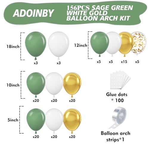 Image of Sage Green White Gold Balloon Arch Kit, 156Pcs Latex Balloons Different Sizes 18 12 10 5 Inch Party Balloon Garland Kit for Baby Shower, Wedding, Engagements, Birthday, Anniversary Decorations