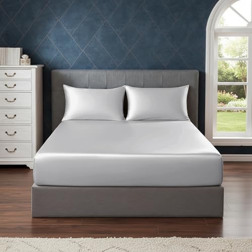 Image of Soft and Silk Satin Fitted Bedsheet for Single Size 36X75 +12 in - Elastic Fitted Sheet 400 TC Hotel Collection for Bedroom | Fitted Sheet with Pillow Cover - Silver Gray, Single Bed