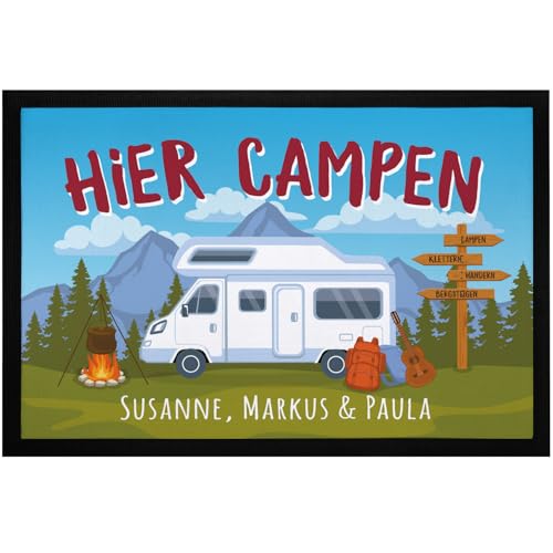 SpecialMe® Fußmatte Camping personalisiert mit Namen Geschenk für Wohnmobilbesitzer Familie rutschfest & waschbarr Schwarz 60x40cm