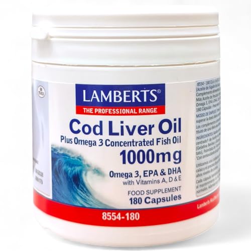 Lamberts Aceite de Hígado de Bacalao (Cod Liver Oil) 180 Cápsulas de 1000mg - Con Omega-3 (EPA y DHA) y Vitaminas A, D y E - Contribuye al Funcionamiento Normal del Sistema Inmunitario