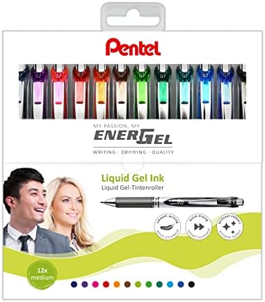 Pentel BL77-12 EnerGel pióro kulkowe z mechanizmem wysuwanym, średnica kulki 0,7 mm = szerokość linii 0,35 mm, pudełko z tworzywa sztucznego, 12 sztuk, różne kolory