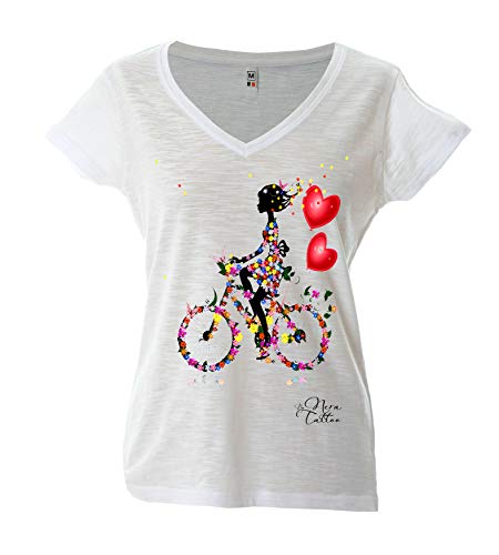 T-shirt fiammata blanche femme Flower Cycle Nera Tattoo idéal pour un look d'été