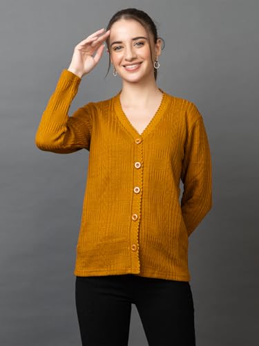 Image of Wear lusso Women's Woolen V-Neck Buttoned Full Sleeve Cardigan Self Design Soft Wool Fabric Winter Wear Pure Wool Sweater with Pockets Stylish Outdoor and Office Wear Girls