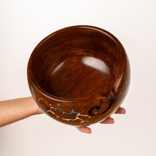 Image of Wooden Yarn Bowl Knitting & Crochet Yarn Holder | Handcrafted Crochet Bowl with Fractal Wood Burning & Blue Resin Inlay (Blue Large 7x7x4) (Multi)