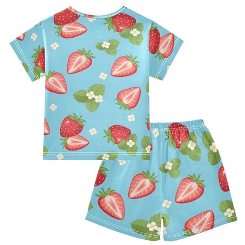 Pajama Short Sets Strawberry Pattern with Flowers Soft Cotton Summer Sleepwear 2 Piece PJS Size 5-14T2